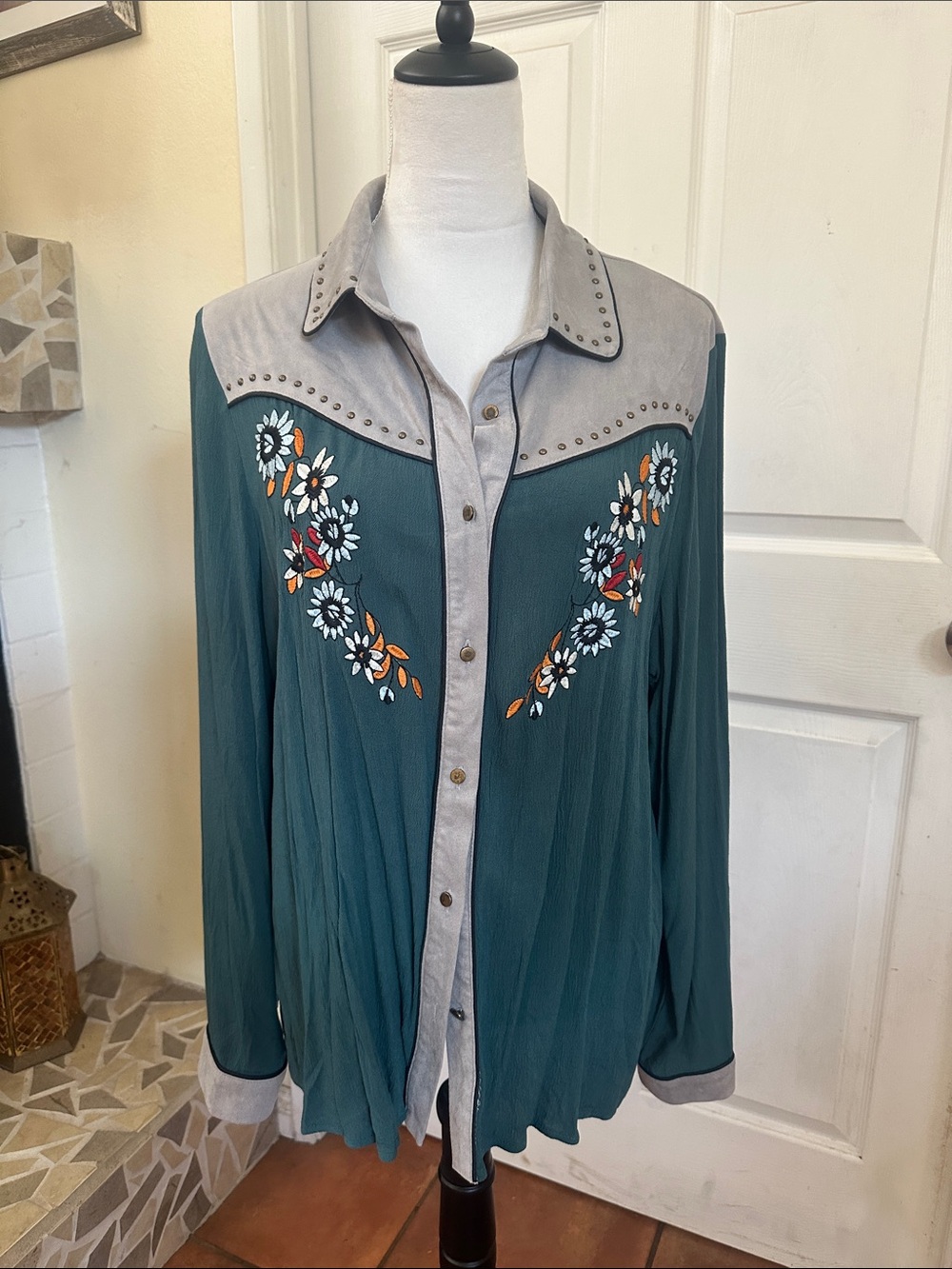 Teal Floral Embroidered Button-Down Shirt with Contrast Yoke